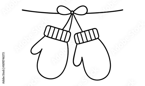 Simple winter mittens hanging with bow in black and white line art design