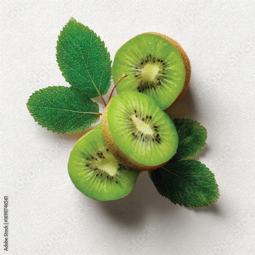 Freshly cut kiwi fruit slices with vibrant green color and leaves on a white surface a healthy snack