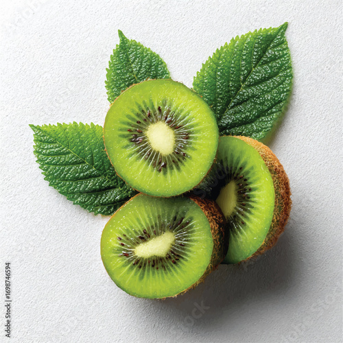Fresh Kiwi Fruit Slices with Green Leaves on Light Background Top View Healthy Eating Concept