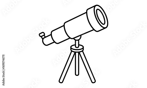 Black and white telescope on tripod in simple line art style