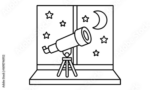 Linear telescope outline with stars and moon by window at night
