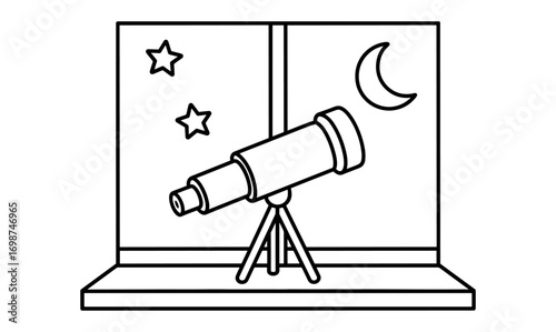 Linear telescope viewing stars and moon at night through window