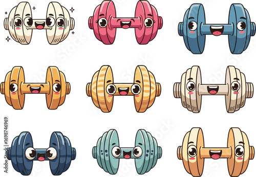 Cute cartoon dumbbells with faces, colorful fitness equipment characters, gym and workout vector icons for sports, training, exercise, and healthy lifestyle