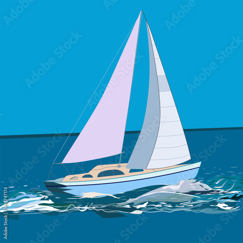 An illustration of a sailboat gracefully cruising on the open water. The blue-hulled yacht, with its sails full of wind, is depicted in a clear and tranquil marine environment. 