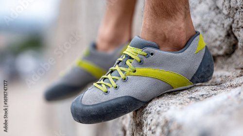 Close up of climbing shoes on rocky surface highlighting outdoor adventure and sport