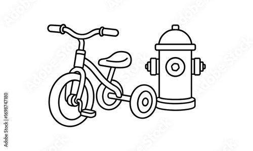 Line art tricycle with fire hydrant for children’s coloring books