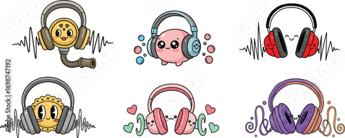 Cute cartoon headphones with kawaii faces, music wave elements, adorable audio gear, playful kids style, vector illustration set, colorful design