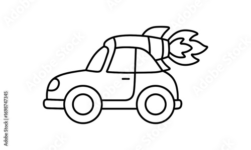 Rocket-powered car: black and white minimalist outline design
