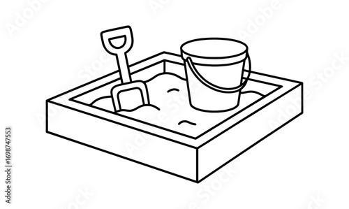 Minimalist sandbox design with bucket and shovel for kids' playtime