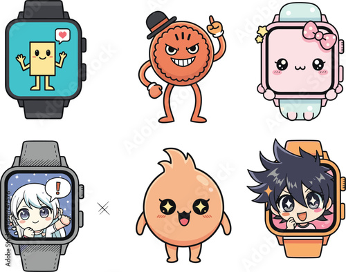 Cute smartwatch characters vector, anime style faces, adorable tech expressions, cartoon wearable design, fun digital gadget icons, kawaii emoji illustration, modern smartwatch art