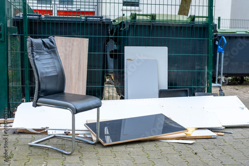 bulky waste reduction, large pile discarded furniture, chair, panels, renovation or decluttering process, used things on street, problem shredding garbage, diverted for recycling, pollution nature