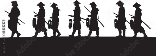 Silhouette of Samurai Warriors Walking with Lanterns and Swords procession