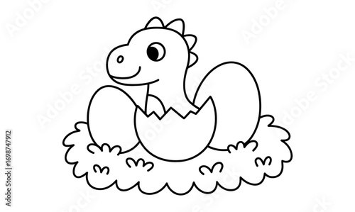 Cute dinosaur hatching from egg: black and white cartoon style for kids coloring