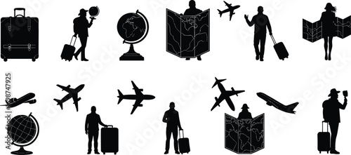 Silhouettes of travelers with luggage, globes, maps, airplanes flying, exploring world, adventure, vacation, tourism, travel planning, journey, trip, holiday, tourism icons.