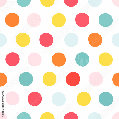 Colorful seamless polka dot pattern. Brush drawn rough multi colored circles. Funky abstract simple background with dots. Hand drawn y2k naive confetti wrapping paper. 