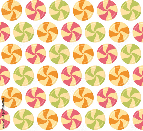 Bright seamless pattern with round swirl candies. Background of striped caramel sweets
