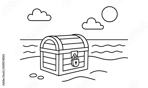 Outline treasure chest on a beach with clouds and sun