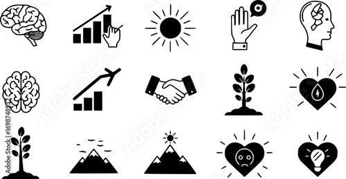 Personal growth and leadership icon set. Self development and emotional intelligence symbols for success in life and career.