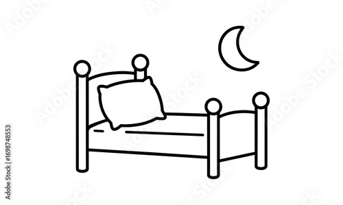 Simple minimalist line art of bed with moon for sleep and relaxation themes