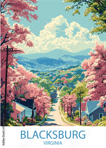 Scenic view of Blacksburg, Virginia with blooming trees