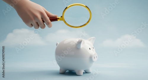 Magnifying glass examining a piggy bank against a cloudy sky, symbolizing financial inspection and savings