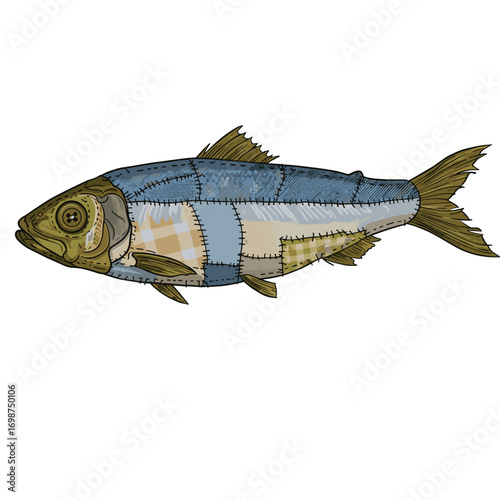 Illustrated fish in patchwork style with detailed stitching design  