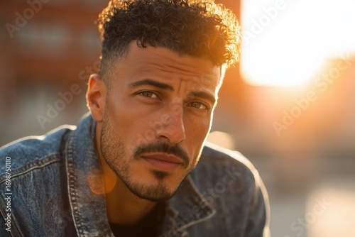 Medical lifestyle portrait of a man urban environment editorial style warm sunset lighting realistic concept