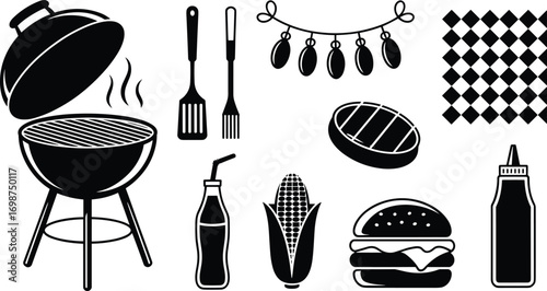 BBQ Icons Set – Grill, Burger, Utensils, Ketchup, Corn, Picnic Blanket, Summer Cookout Food and Tools Vector Clipart Collection