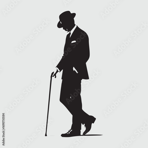 Black silhouette of a man in a suit and hat walking with a cane male person