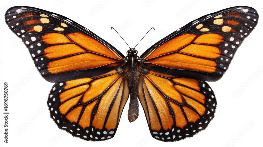 Fototapeta premium isolated monarch butterfly with orange and brown wings on transparent background