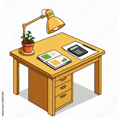 Isometric cartoon illustration of a wooden desk with a lamp, plant, open book, and calculator, representing a home office or study area.