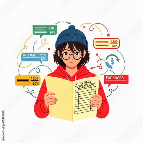 A focused individual meticulously reviews their year-end financial assessment, carefully balancing income and expenses within a detailed personal budgeting system.