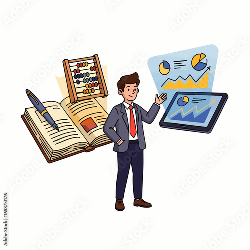 A business expert skillfully navigates complex financial concepts, blending traditional accounting methods with modern digital analytics for strategic insights.