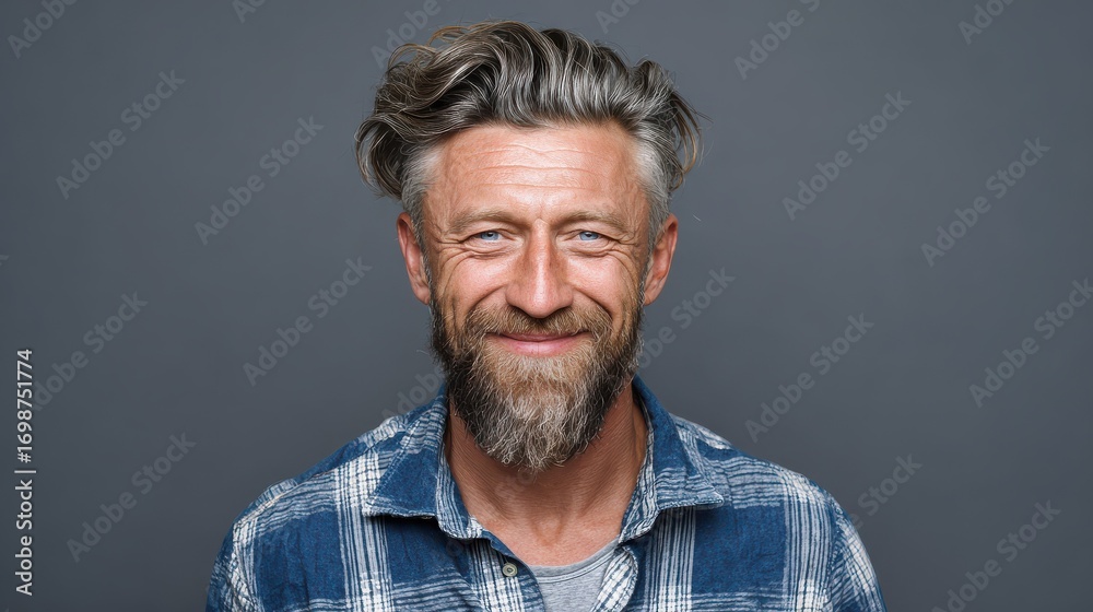 Obraz premium handsome middle aged man portrait cheerful guy smiles at camera against gray background confident male with beard and grey hair wears casual shirt positive emotion friendly face expression