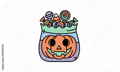 Cartoon Jack-o-lantern Halloween candy bag overflowing with lollipops and sweets.