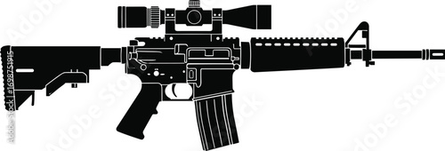 Black silhouette of tactical rifle with scope, modern assault rifle vector illustration, military firearm with optics, sniper rifle design