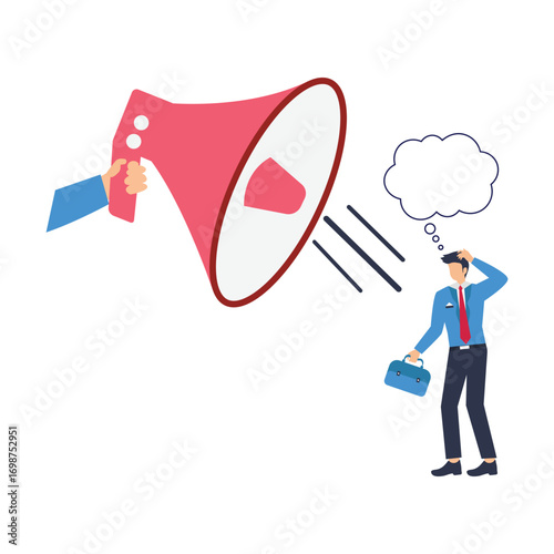 Businessman hand offer megaphone for employee to speak out staff encouragement concept, businessman hand offer megaphone for employee to speak out. stock illustration