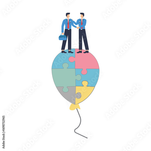 Two businessman handshake on connecting jigsaw balloon  agreement to success together, collaborate or cooperation, people to fit in job, jigsaw puzzle concept, businessman handshake on connect jigsaw 