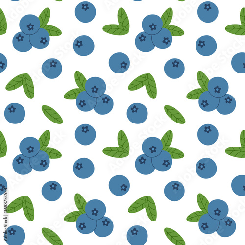 Blueberry seamless pattern. Botanical print. Blue berries with leaves on a white background. Vector illustration.