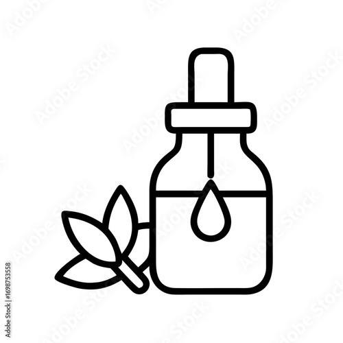 Essential oil bottle with dropper and leaves for aromatherapy and natural medicine concept art