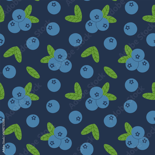 Blueberry seamless pattern. Blue berries with leaves on a dark background. Hand draw design for wrapping paper, wallpaper, fabric, textile and etc. Vector illustration.