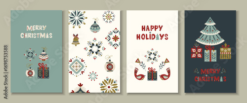 Vector set of Christmas greeting cards in Nordic folk style Festive illustrations with gifts, birds, snowflakes in Scandinavian colors for holiday design, cozy winter decor and seasonal projects