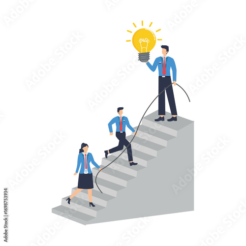 Business team assists colleagues in climbing stairs to reach new lightbulb ideas. Concept of helping and supporting each other towards success through teamwork seeks up the stairs, achieving the goal,