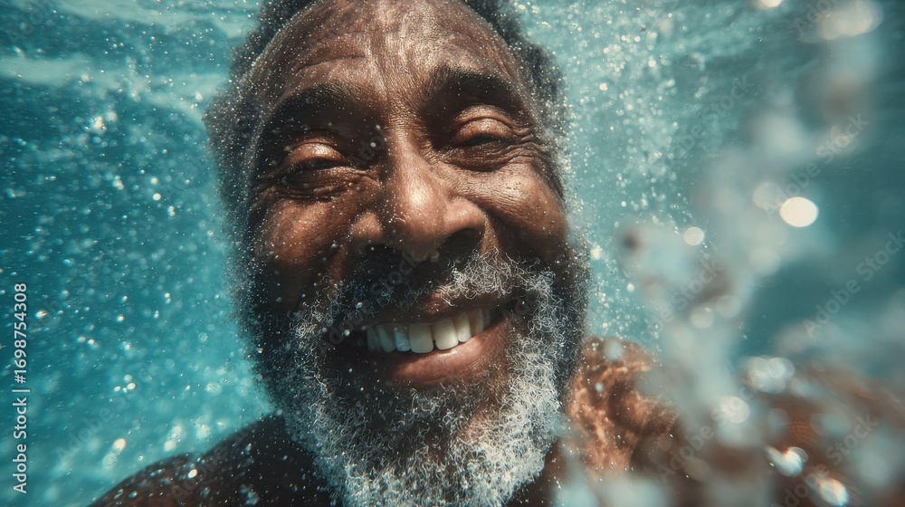 Fototapeta premium joyful senior black man swims in clear water with a radiant smile