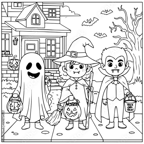 Halloween children trick or treat funny vector illustration of coloring page black and white