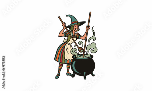 Cartoon Witch Stirring Cauldron with Sticks, Wearing Hat and Apron, Halloween Illustration.
