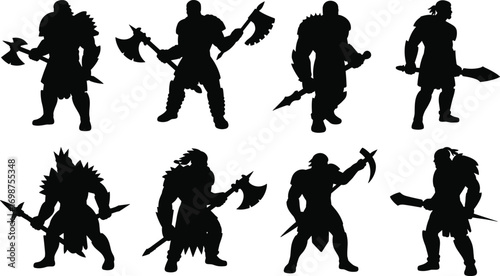 Title: Fantasy Warriors and Barbarians Silhouettes Collection, a Set of Powerful Characters with Weapons for Gaming and Storytelling Graphics.