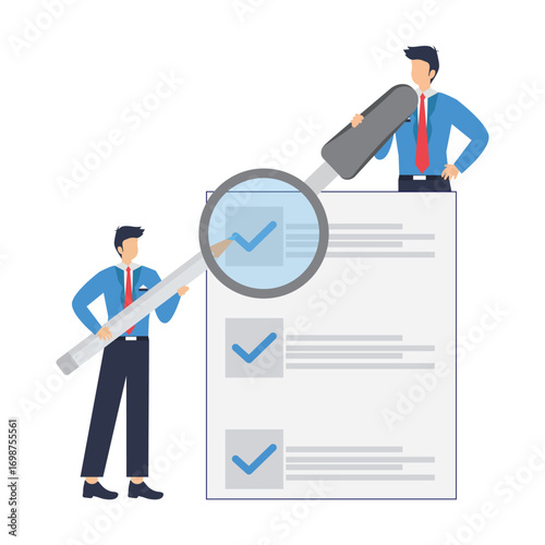 Business people holding checklist and pencil to tick Manager and Employee standing near clipboard with checkmark approval. stock illustration