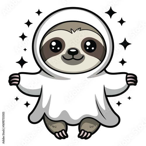 A fantastic Halloween-themed sloth in a glittery kawaii style, ghost-like costume.