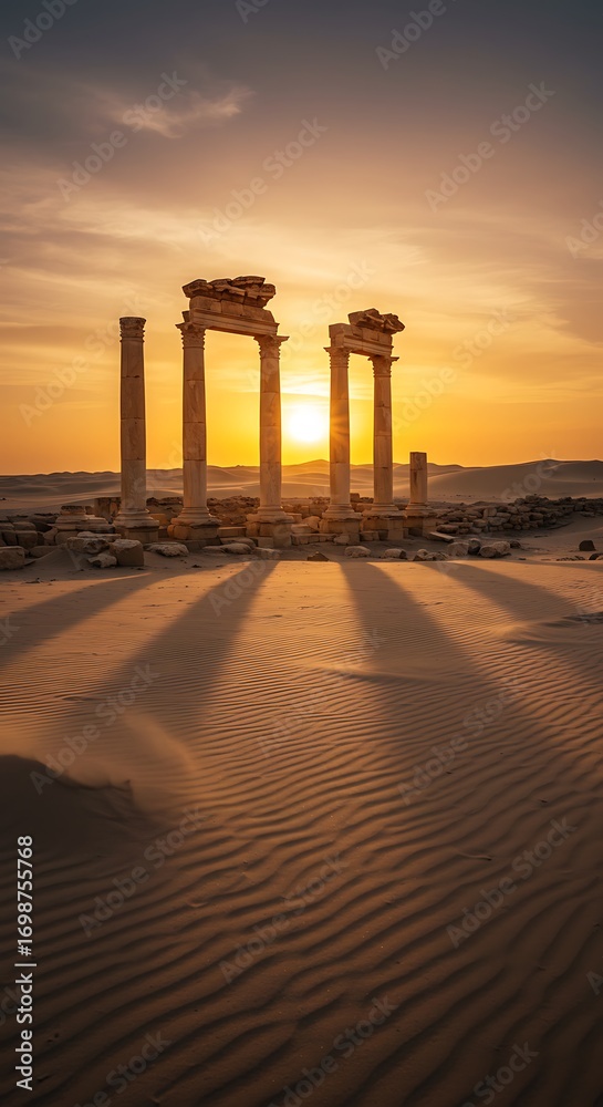 Fototapeta premium Sunset's Embrace: Ancient Pillars & Shifting Sands